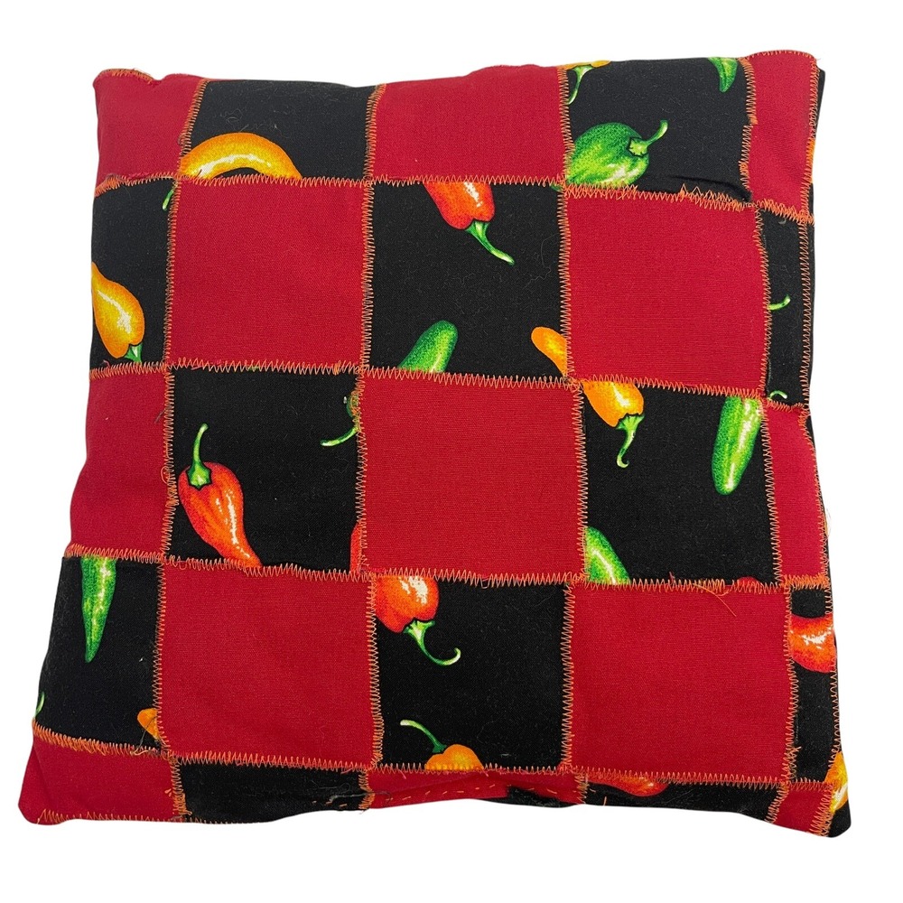 Handmade Pieced Pillow Black with‎ Multicolor Peppers 12" Square Folk Art Craft